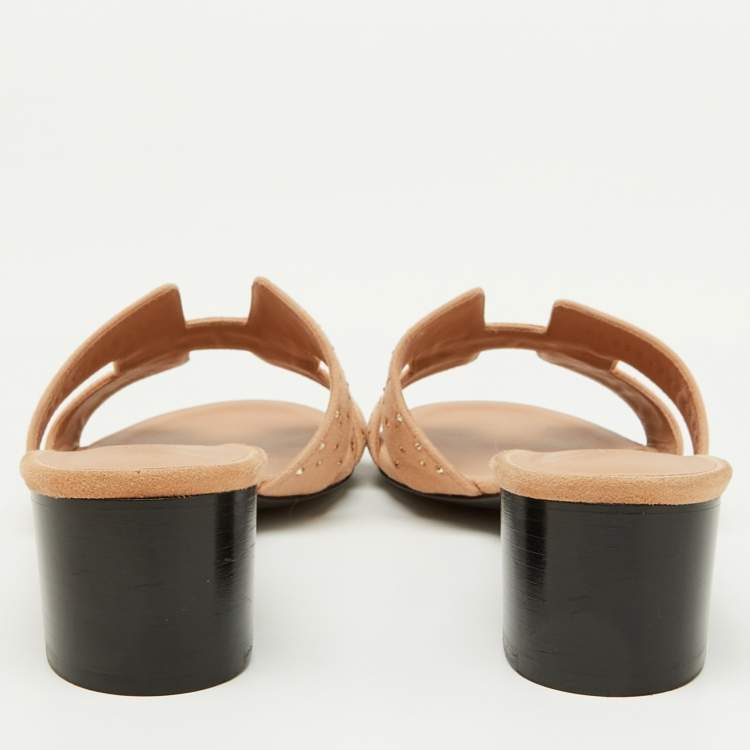 Pre Owned Hermes Beige Suede Crystal Embellished Oasis Slide Sandals Size 39.5