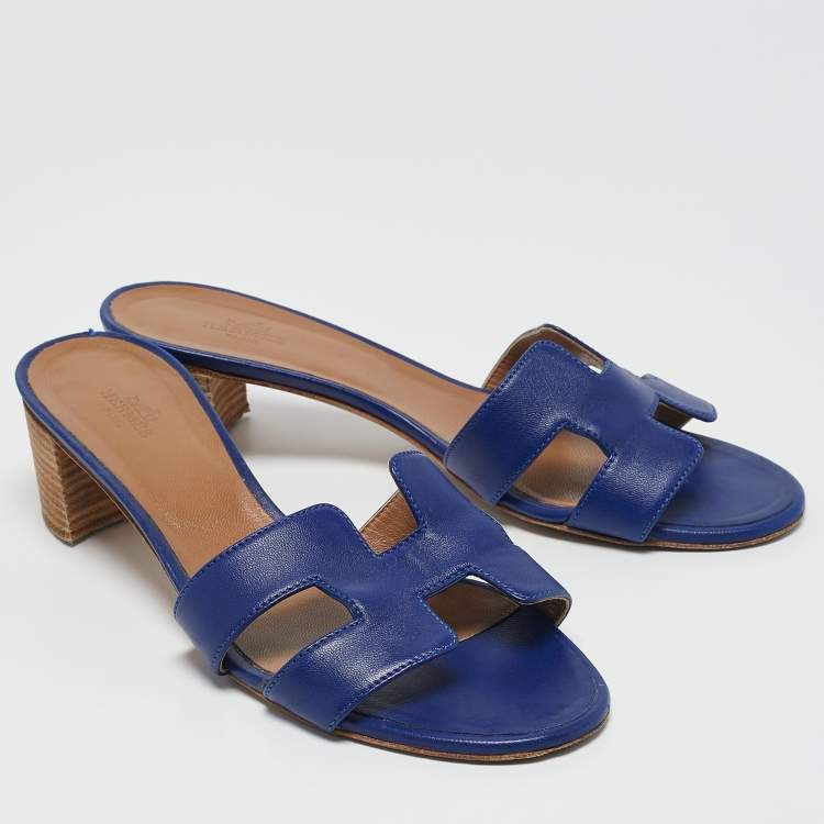 Pre Owned Hermes Blue Leather Oasis Sandals Size 39