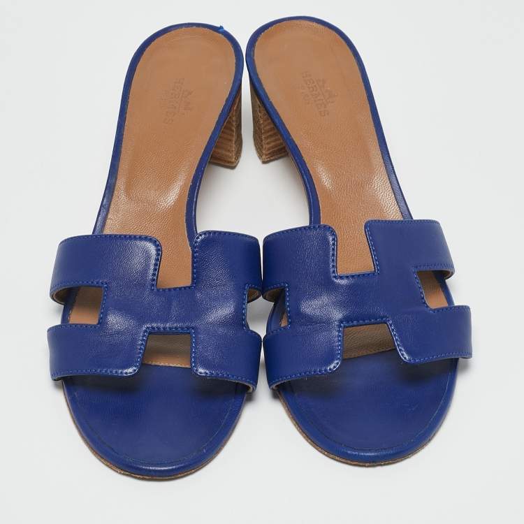 Pre Owned Hermes Blue Leather Oasis Sandals Size 39