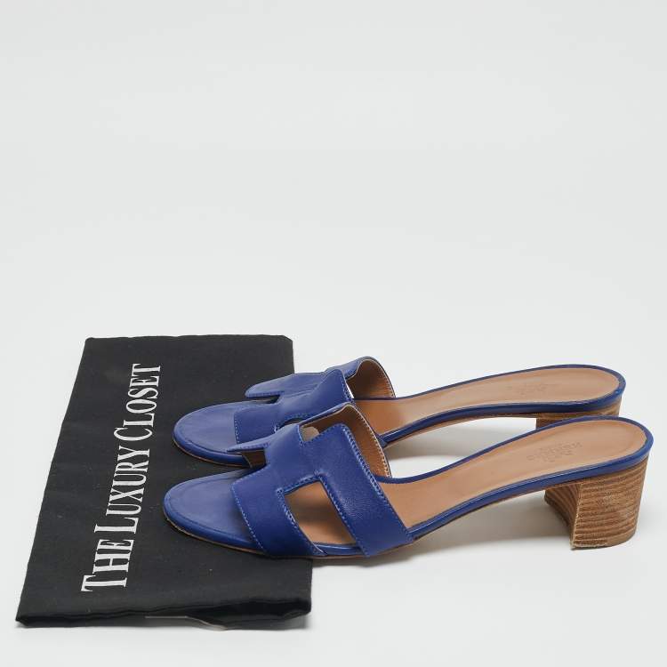 Pre Owned Hermes Blue Leather Oasis Sandals Size 39