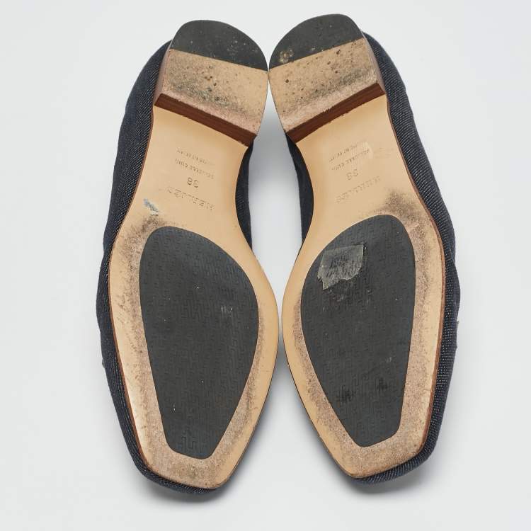 Pre Owned Hermes Navy Blue/Brown Denim and Leather Ballet Flats Size 38