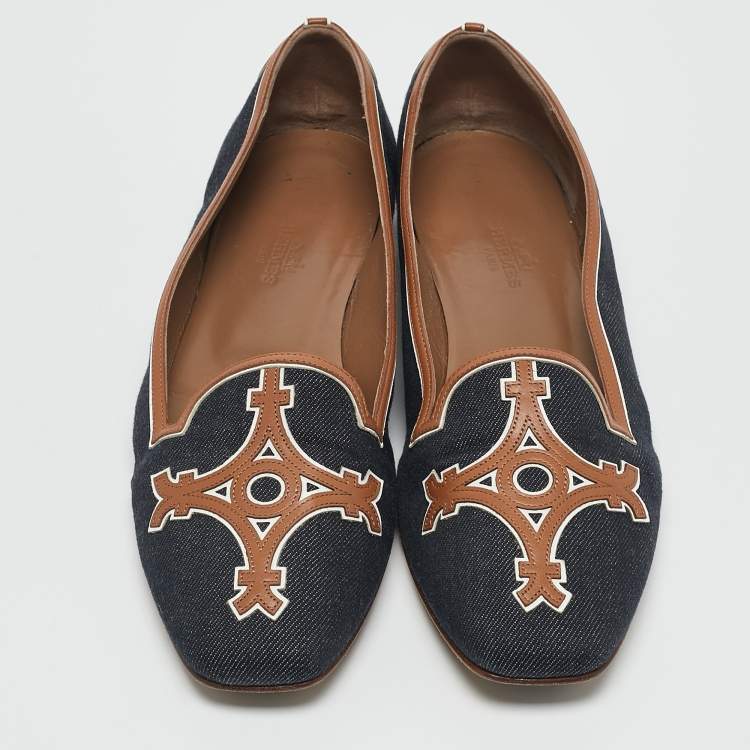 Pre Owned Hermes Navy Blue/Brown Denim and Leather Ballet Flats Size 38