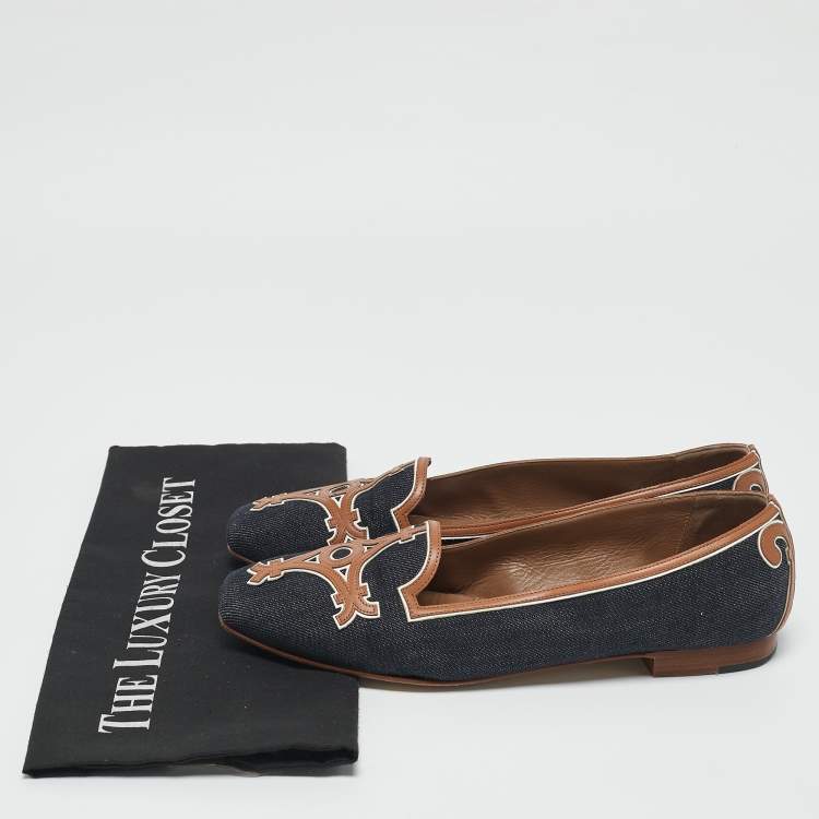 Pre Owned Hermes Navy Blue/Brown Denim and Leather Ballet Flats Size 38