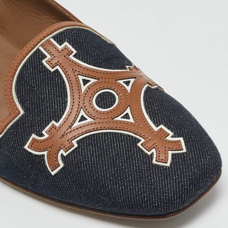 Pre Owned Hermes Navy Blue/Brown Denim and Leather Ballet Flats Size 38