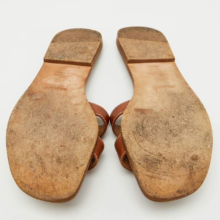 Pre Owned Hermes Brown Leather Oran Flat Slide Sandals Size 38.5