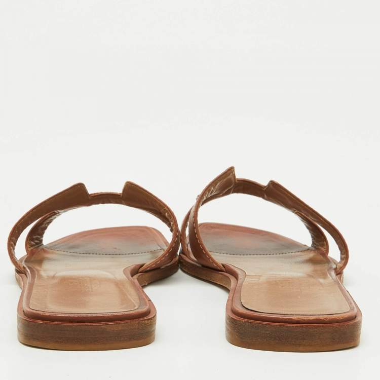 Pre Owned Hermes Brown Leather Oran Flat Slide Sandals Size 38.5