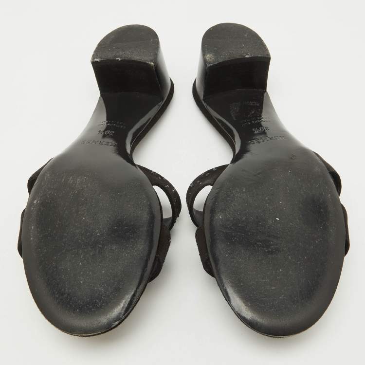 Pre Owned Hermes Black Suede Crystal Embellished Oasis Slide Sandals Size 39.5