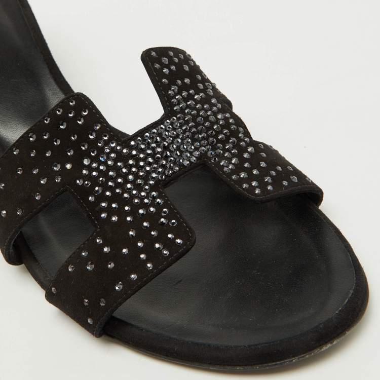 Pre Owned Hermes Black Suede Crystal Embellished Oasis Slide Sandals Size 39.5