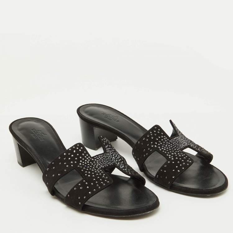 Pre Owned Hermes Black Suede Crystal Embellished Oasis Slide Sandals Size 39.5