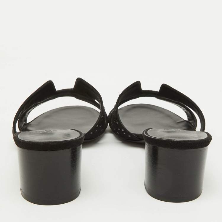 Pre Owned Hermes Black Suede Crystal Embellished Oasis Slide Sandals Size 39.5