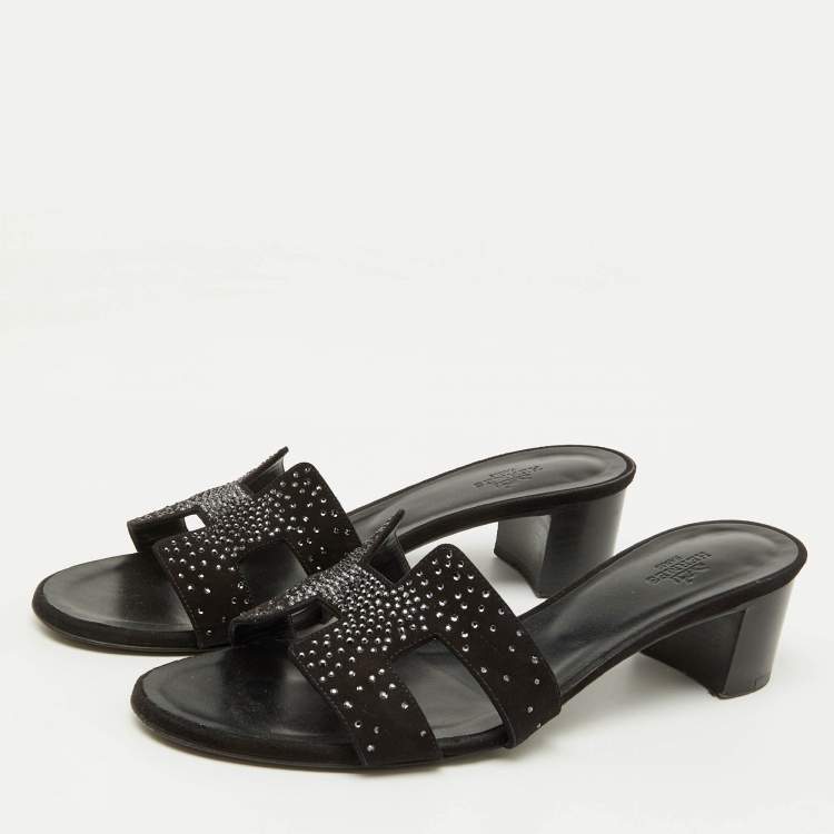 Pre Owned Hermes Black Suede Crystal Embellished Oasis Slide Sandals Size 39.5