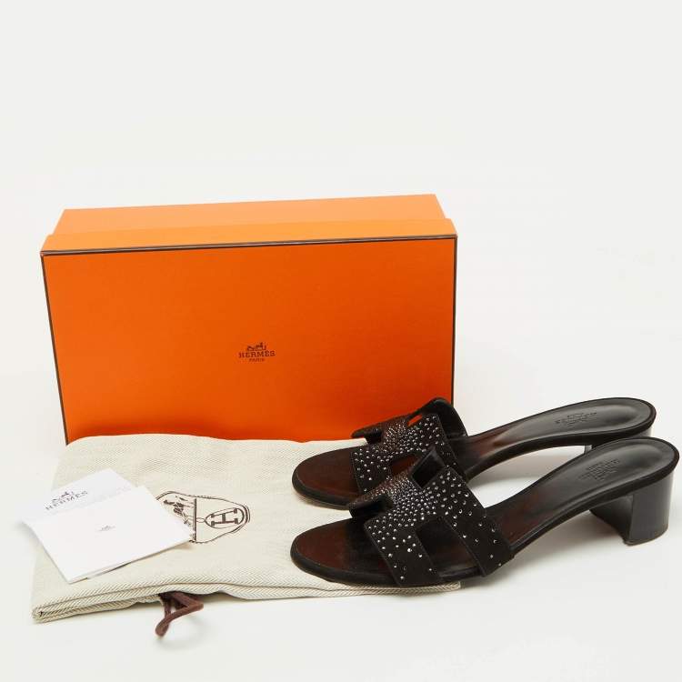 Pre Owned Hermes Black Suede Crystal Embellished Oasis Slide Sandals Size 39.5