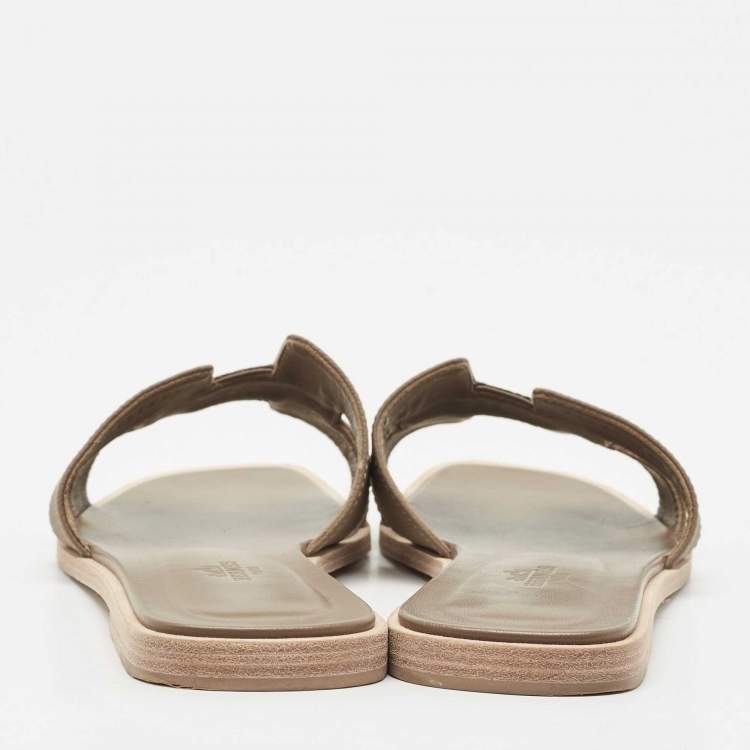 Pre Owned Hermes Olive Green Leather Oran Flat Slides Size 39