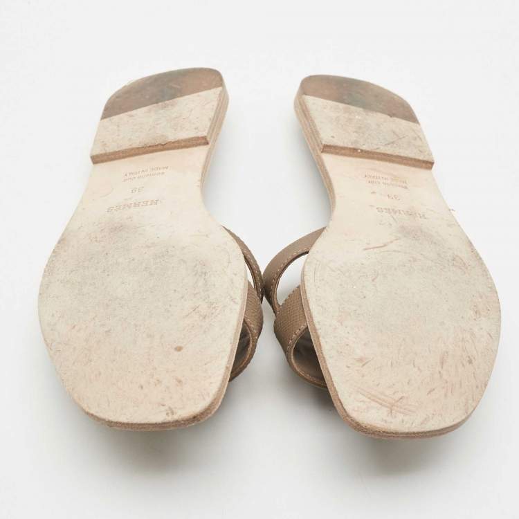 Pre Owned Hermes Olive Green Leather Oran Flat Slides Size 39