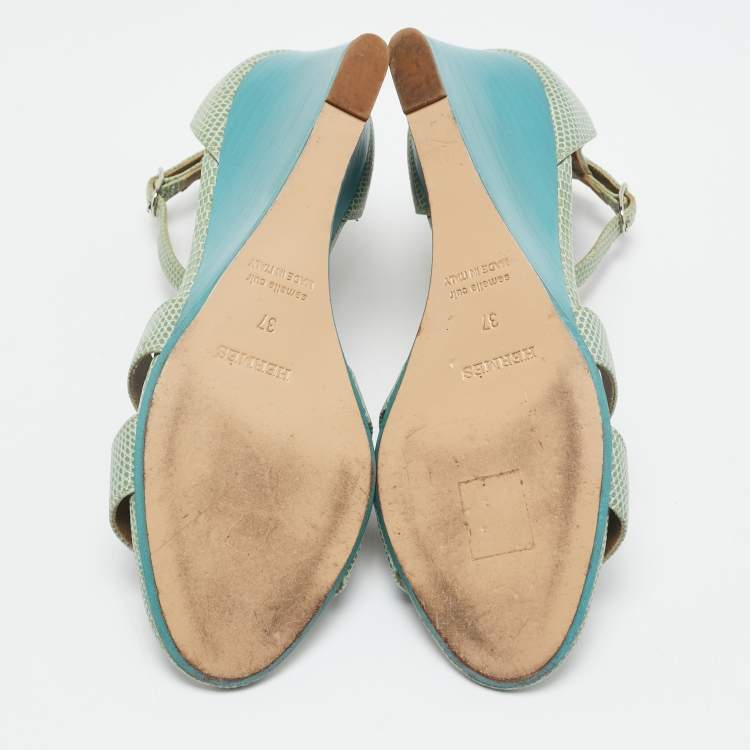 مملوكة مسبقًا Hermes Green Lizard Leather Legend Wedge Ankle Strap Sandals Size 37