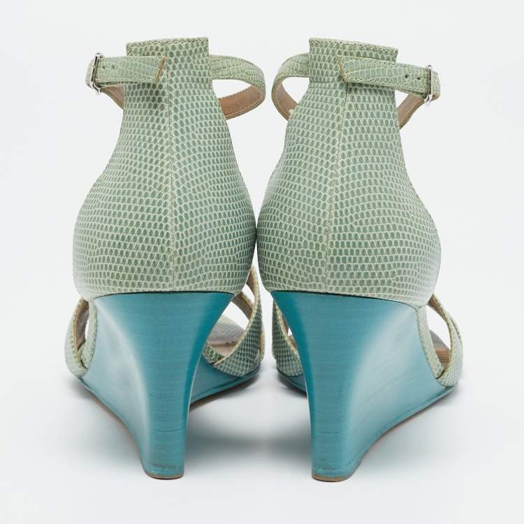 مملوكة مسبقًا Hermes Green Lizard Leather Legend Wedge Ankle Strap Sandals Size 37