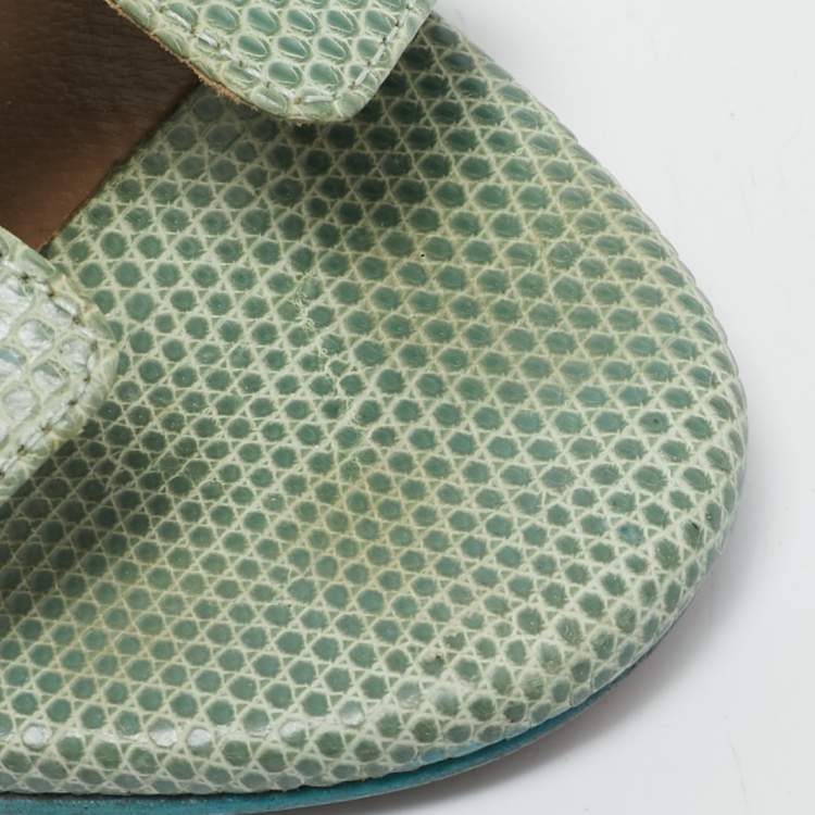 مملوكة مسبقًا Hermes Green Lizard Leather Legend Wedge Ankle Strap Sandals Size 37