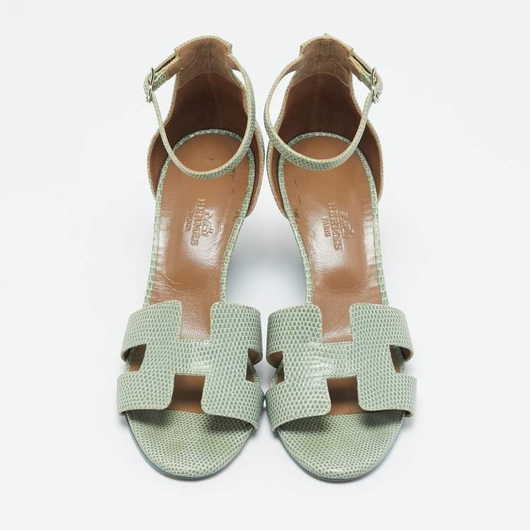 مملوكة مسبقًا Hermes Green Lizard Leather Legend Wedge Ankle Strap Sandals Size 37