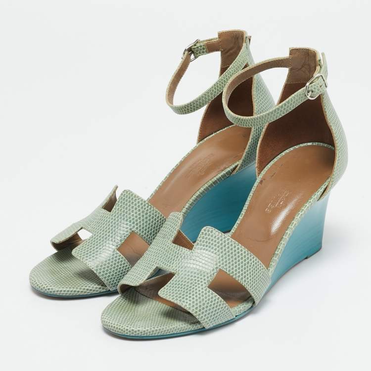 مملوكة مسبقًا Hermes Green Lizard Leather Legend Wedge Ankle Strap Sandals Size 37