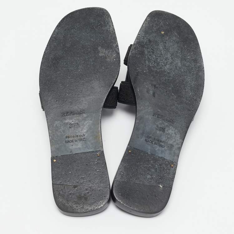 Pre Owned Hermes Black Glitter Oran Flat Sandals Size 36.5