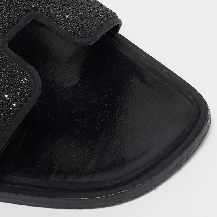 Pre Owned Hermes Black Glitter Oran Flat Sandals Size 36.5