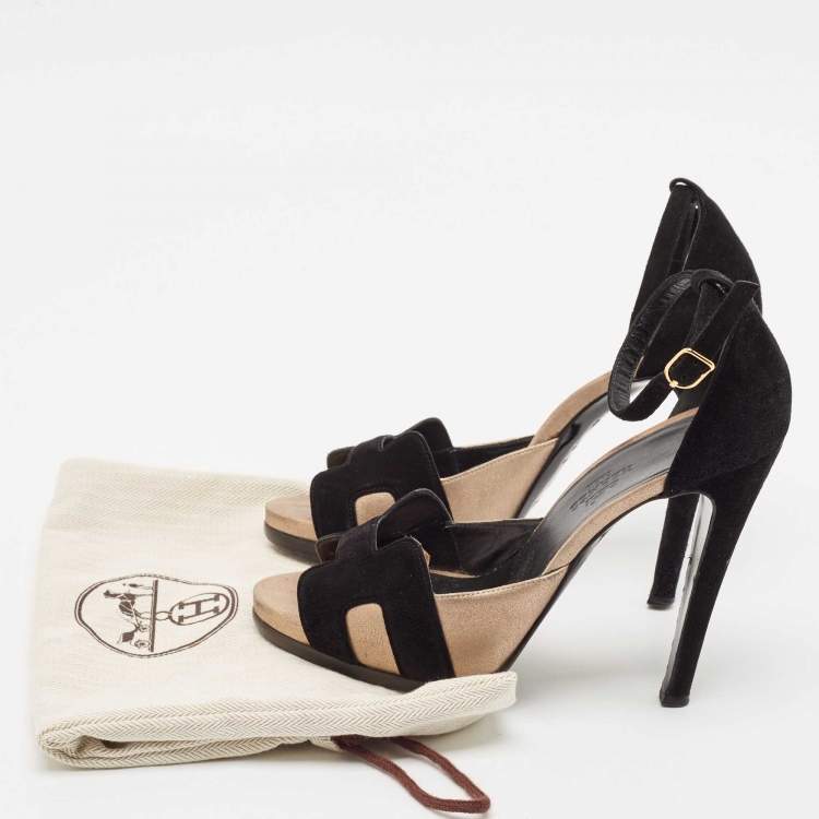 Pre Owned Hermès Black/Gold Metallic Suede Premiere 70 Sandals Size 37