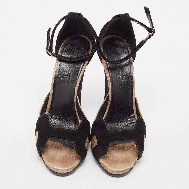 Pre Owned Hermès Black/Gold Metallic Suede Premiere 70 Sandals Size 37