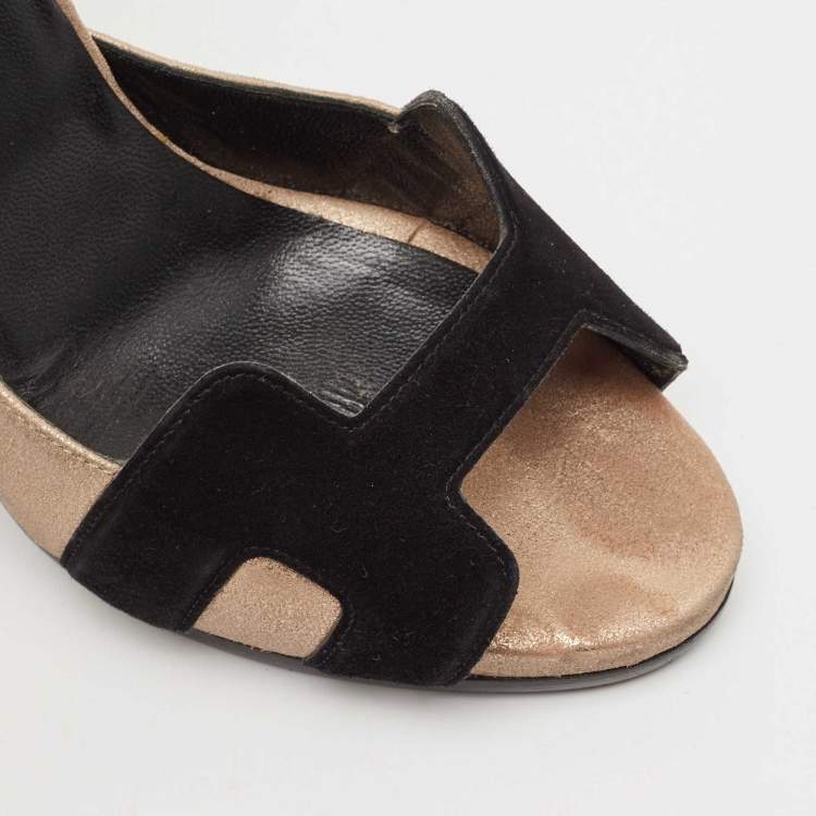 Pre Owned Hermès Black/Gold Metallic Suede Premiere 70 Sandals Size 37