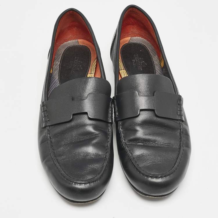 Pre Owned Hermes Black Leather Kennedy Loafers Size 38.5