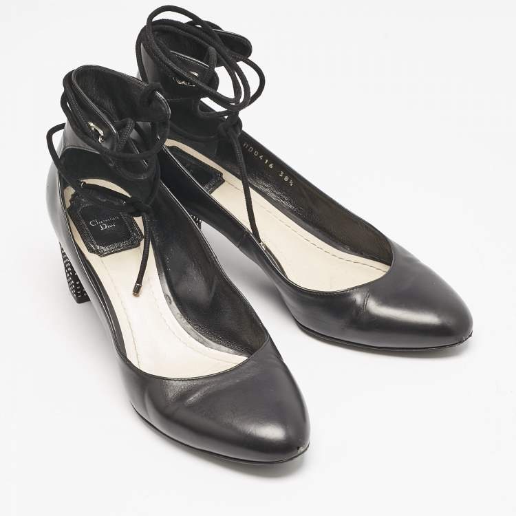 Pre Owned Dior Black Leather Block Heel Ankle Strap Pumps Size 38.5