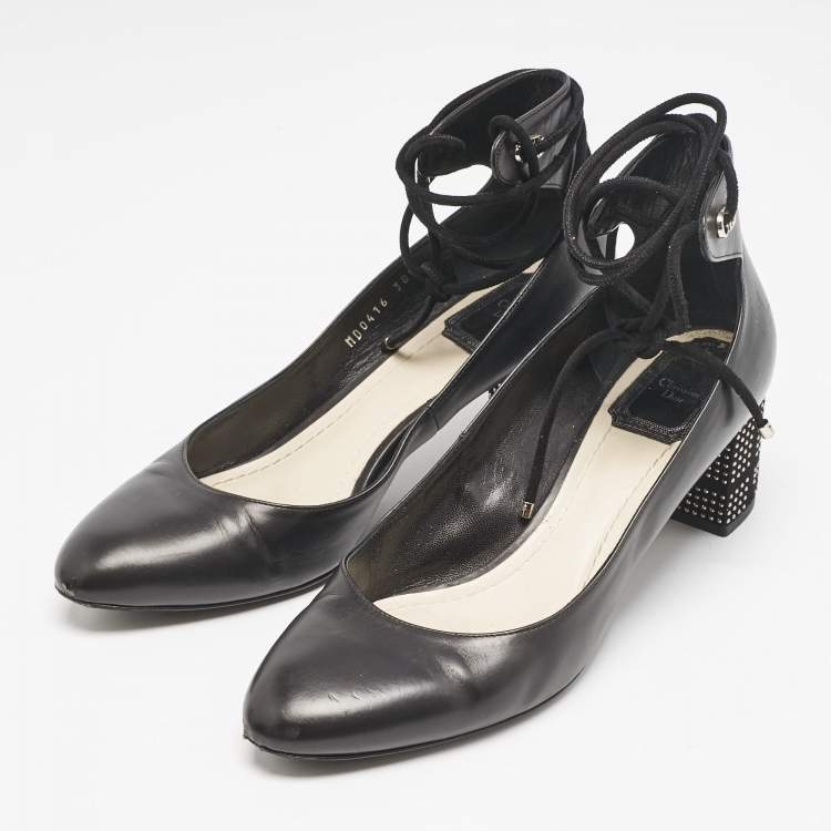 Pre Owned Dior Black Leather Block Heel Ankle Strap Pumps Size 38.5