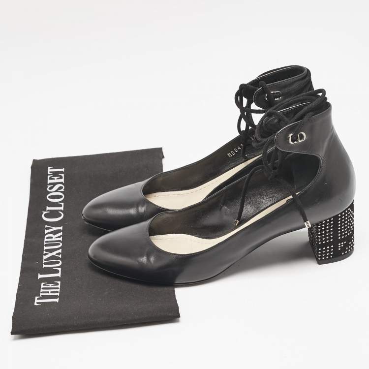 Pre Owned Dior Black Leather Block Heel Ankle Strap Pumps Size 38.5