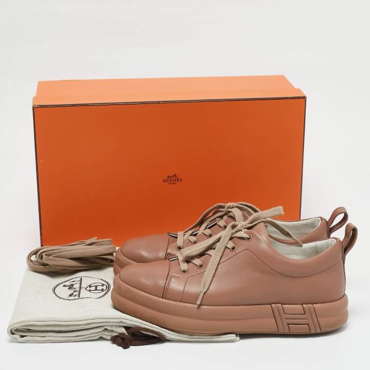 Pre Owned Hermes Dusty Pink Leather Happy Sneakers Size 38