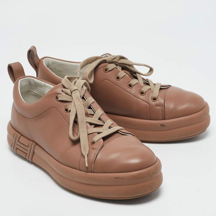 Pre Owned Hermes Dusty Pink Leather Happy Sneakers Size 38