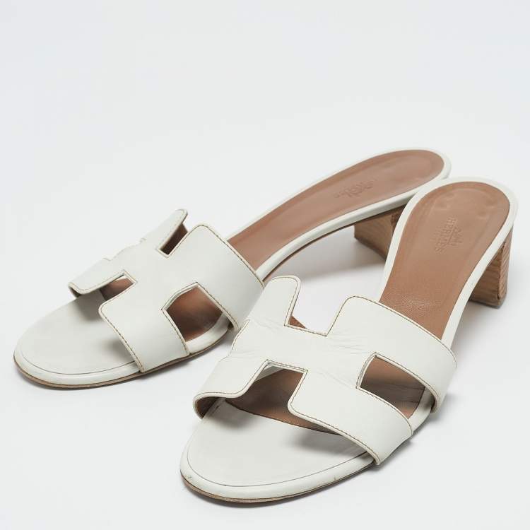 Pre Owned Hermes White Leather Oasis Slide Sandals Size 40.5