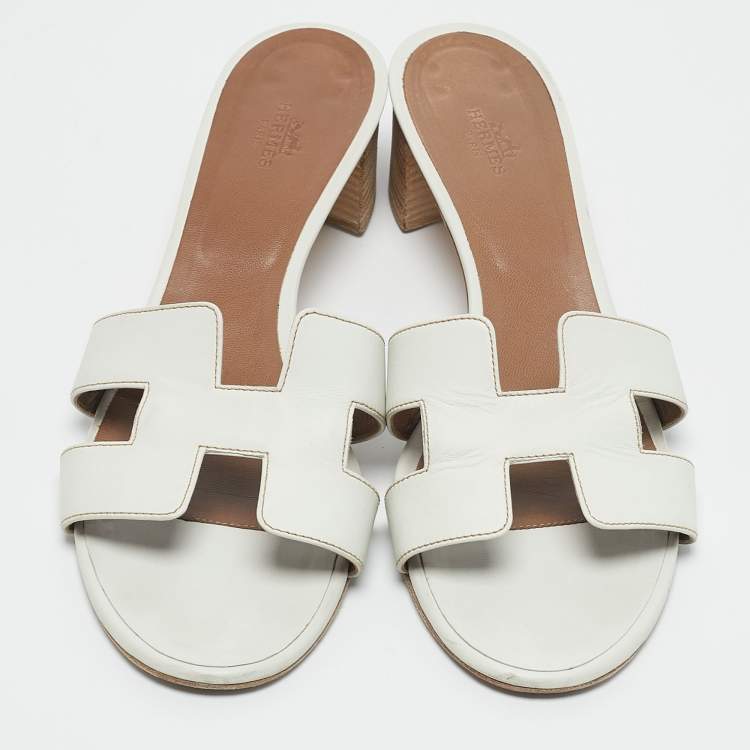 Pre Owned Hermes White Leather Oasis Slide Sandals Size 40.5