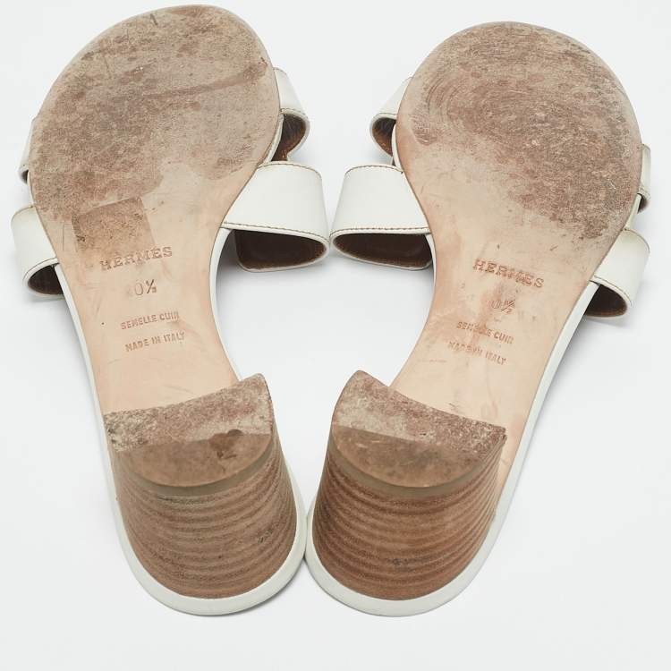 Pre Owned Hermes White Leather Oasis Slide Sandals Size 40.5