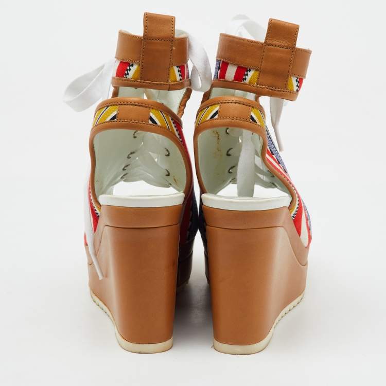 Pre Owned Hermes Multicolor Canvas and Leather Tribal Lace Up Platform Wedge Sandals Size 38