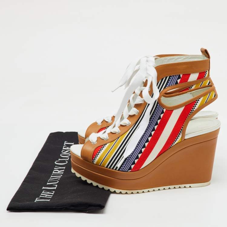 Pre Owned Hermes Multicolor Canvas and Leather Tribal Lace Up Platform Wedge Sandals Size 38