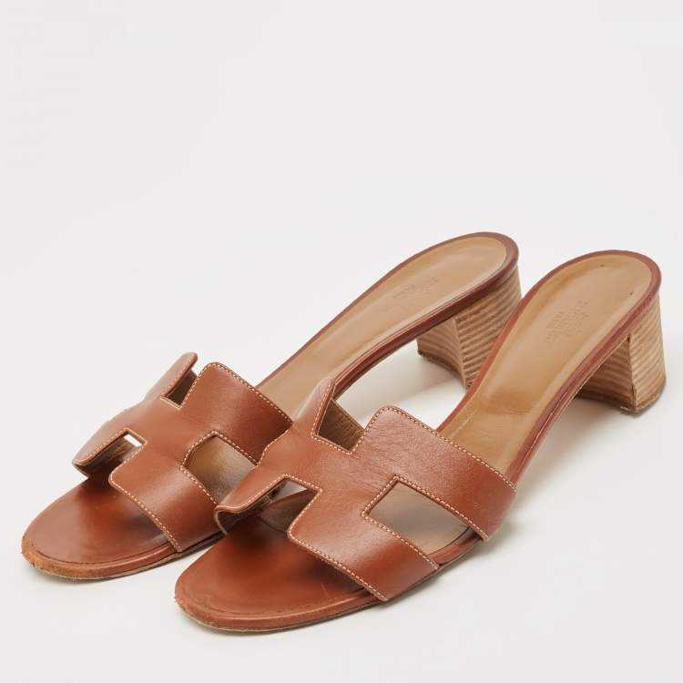 Pre Owned Hermes Brown Leather Oasis Block Heel Slide Sandals Size 41.5
