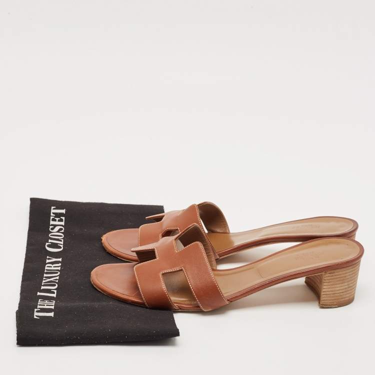 Pre Owned Hermes Brown Leather Oasis Block Heel Slide Sandals Size 41.5