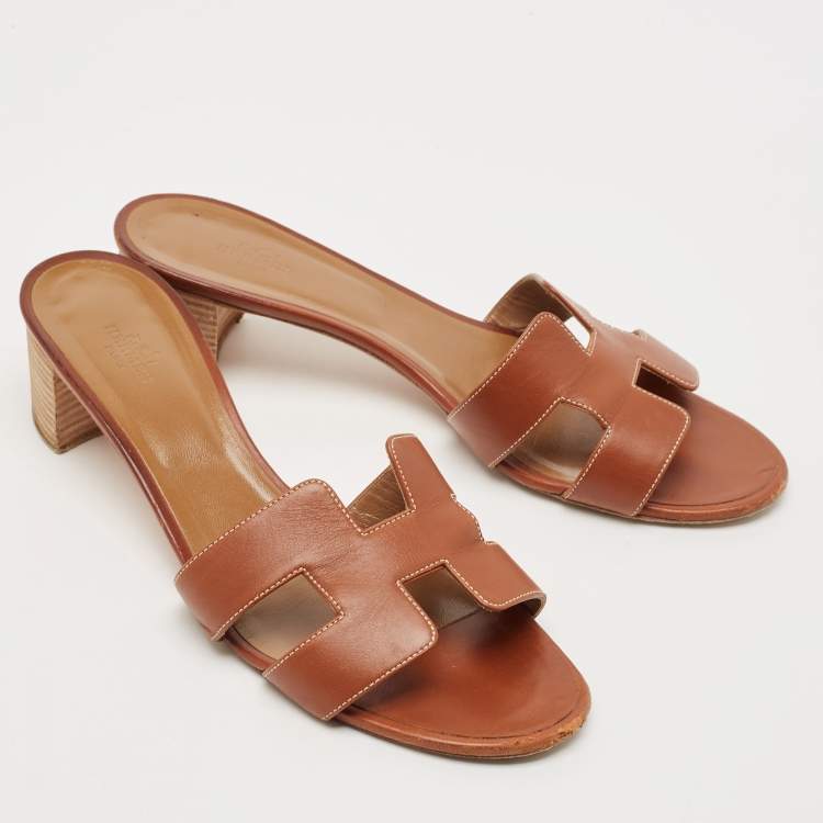 Pre Owned Hermes Brown Leather Oasis Block Heel Slide Sandals Size 41.5
