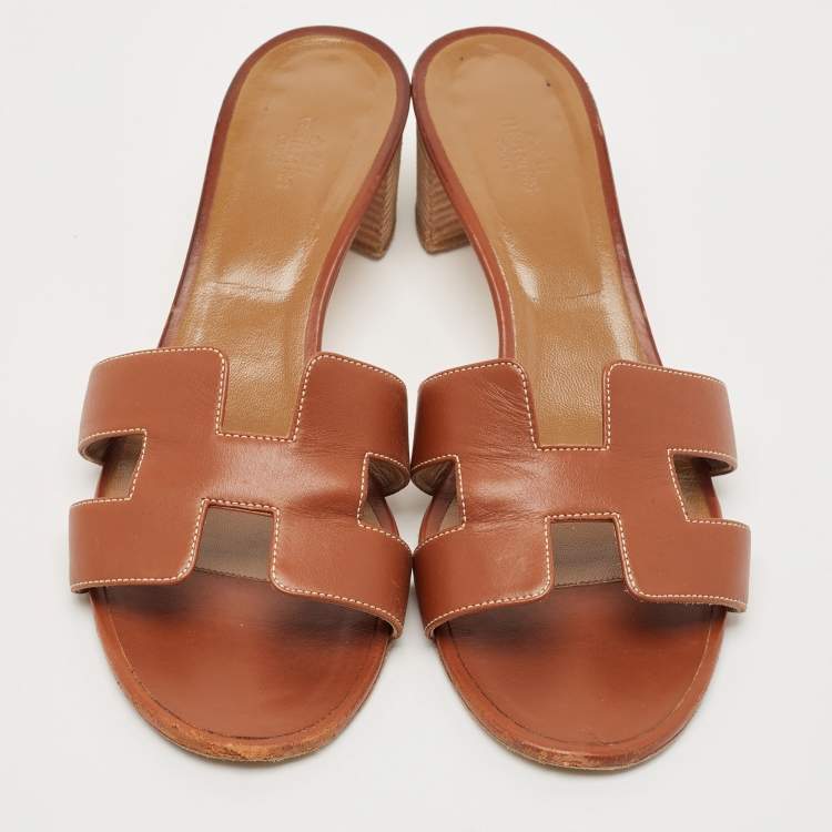 Pre Owned Hermes Brown Leather Oasis Block Heel Slide Sandals Size 41.5