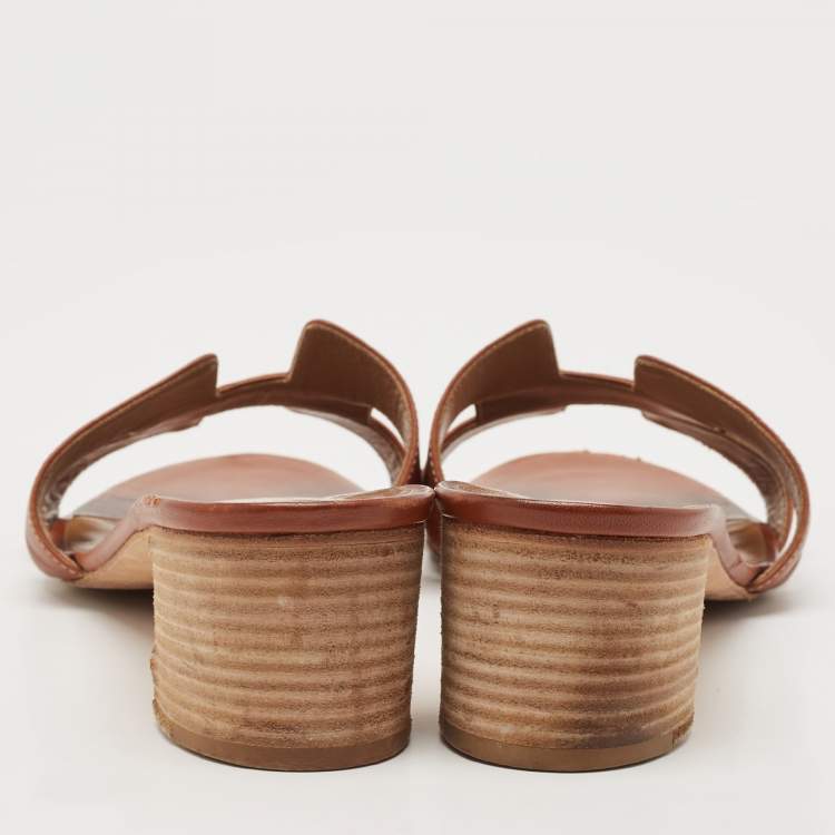 Pre Owned Hermes Brown Leather Oasis Block Heel Slide Sandals Size 41.5