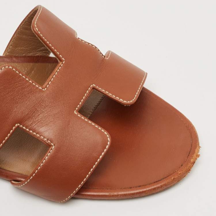 Pre Owned Hermes Brown Leather Oasis Block Heel Slide Sandals Size 41.5