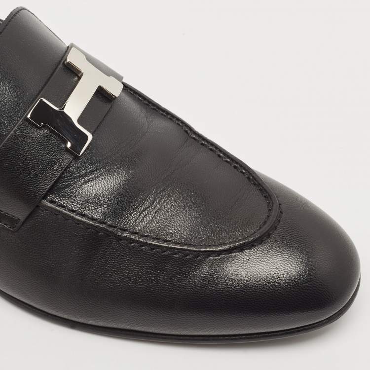 Pre Owned Hermes Black Leather Paris Loafers Size 40.5