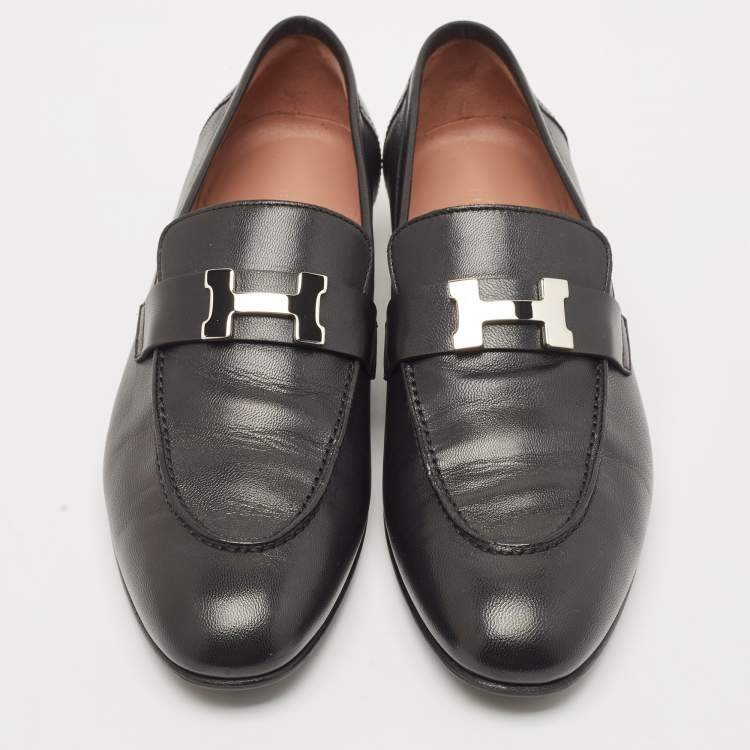Pre Owned Hermes Black Leather Paris Loafers Size 40.5