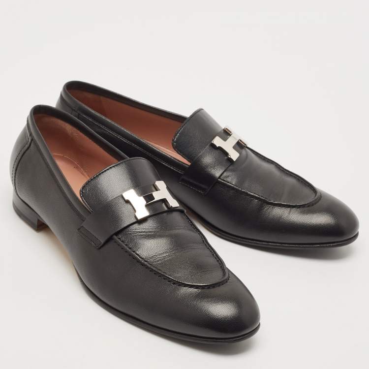 Pre Owned Hermes Black Leather Paris Loafers Size 40.5