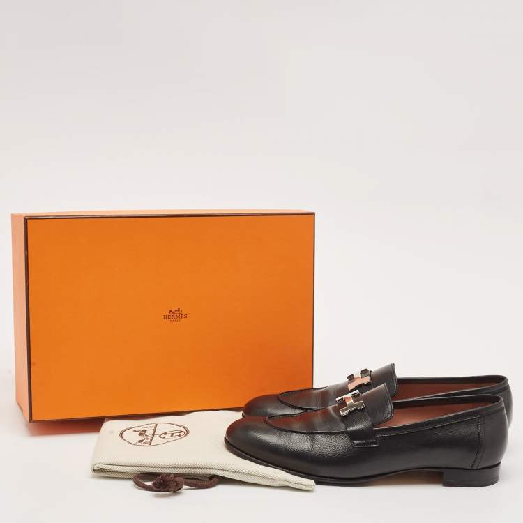 Pre Owned Hermes Black Leather Paris Loafers Size 40.5