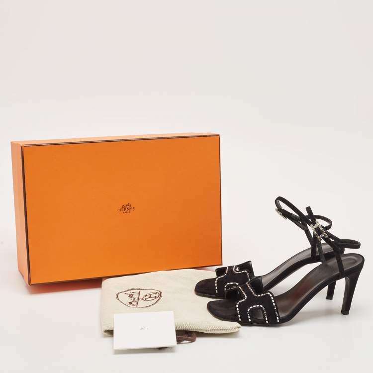 Pre Owned Hermes Black Suede Crystal Embellished Heden Sandals Size 37